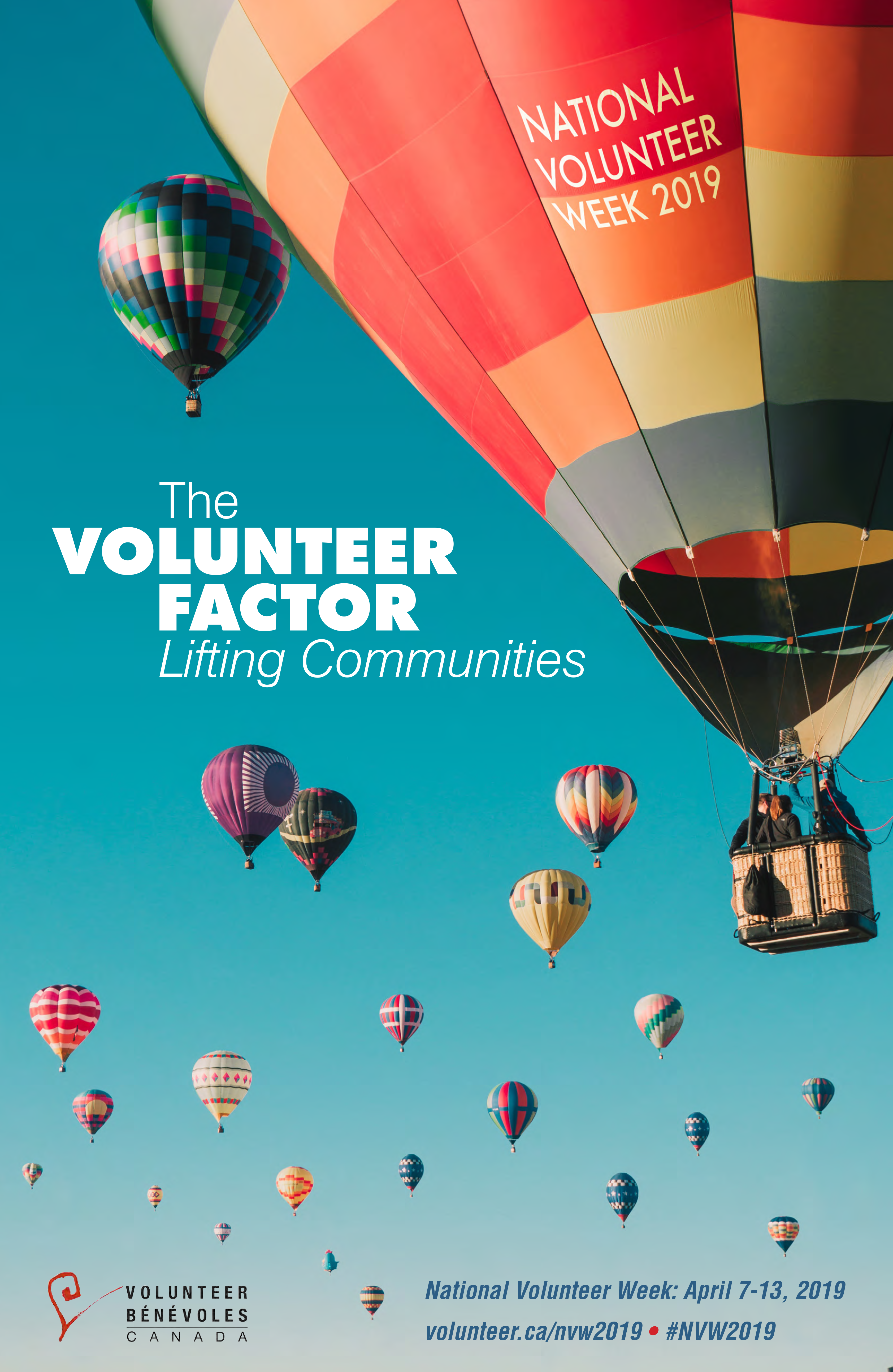 Many hot air balloons in the sky, one large one says "National Volunteer Week 2019", theme in the middle "The Volunteer Factor - Lifting Communities"